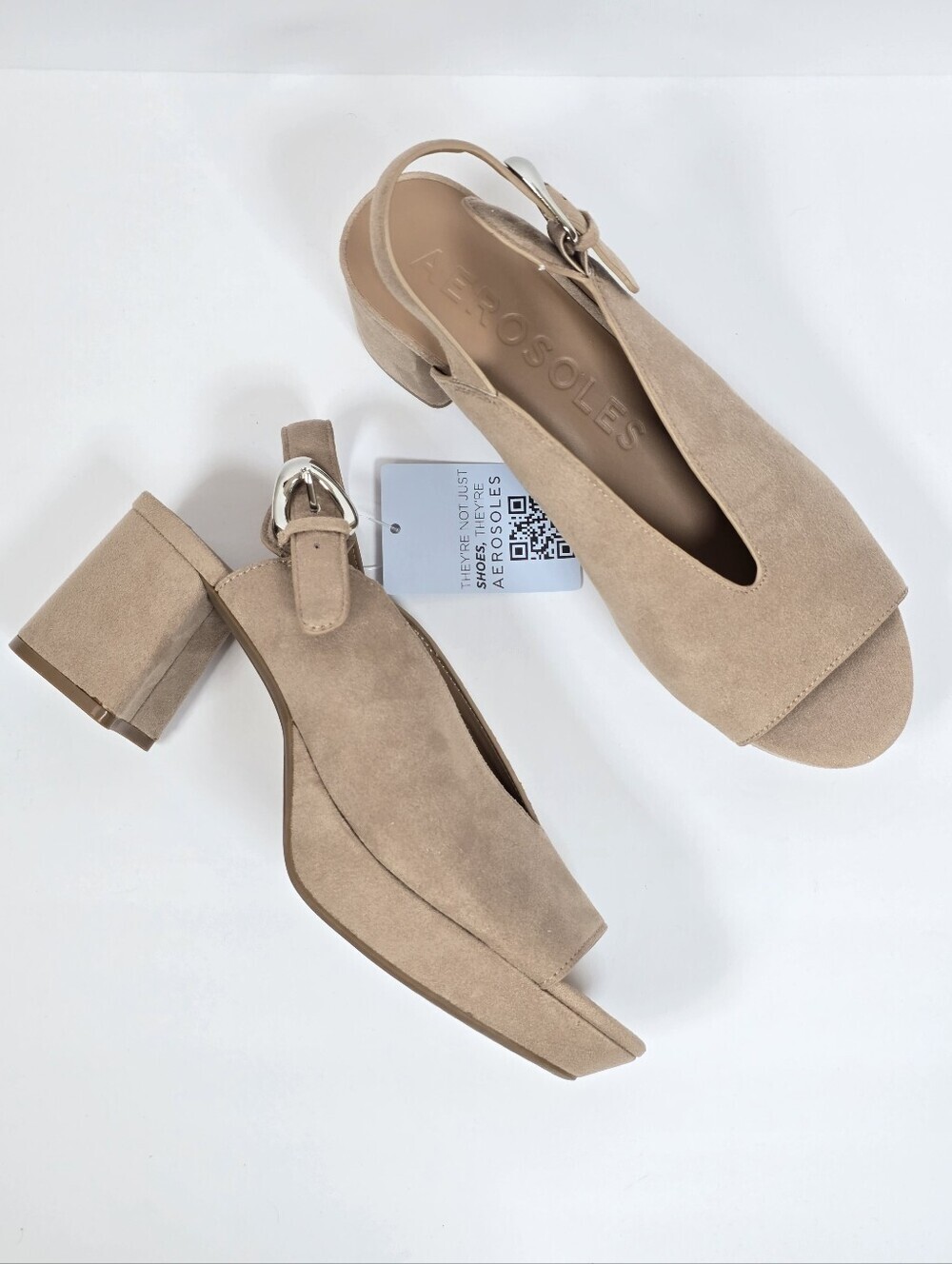 Aerosoles Cici Suede Slingback Chunky Platform Heel V Cutout Sandals Beige Sz.10
